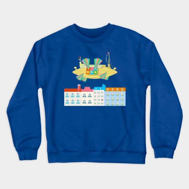 Flapping Fans Dirigible Flying Machine Flying Over City Crewneck Sweatshirt by oknoki